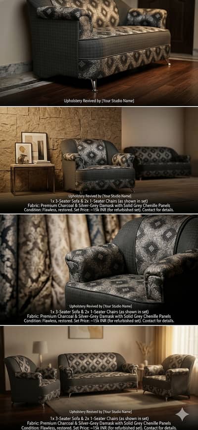 The Obsidian Damask: Cinematic Modern Classic Sofa Set