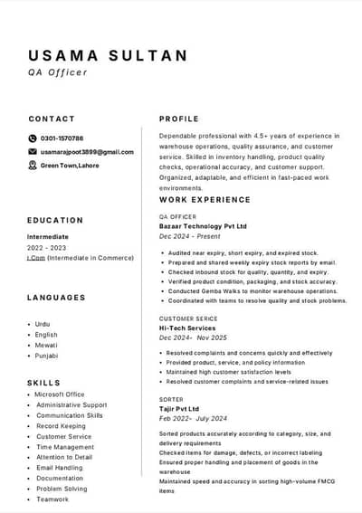 Urgently Job need in Lahore