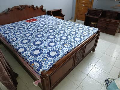 plywood double bed set with mattress and 2 side drawers and 1 dressing