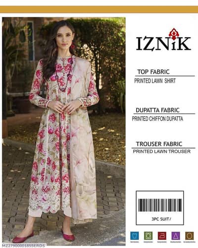 Original IZNIK 3-Piece Printed Lawn Suit with Chiffon Dupatta