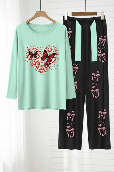 Woman night printed suit for eid/Butterfly  black bow pants