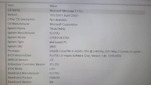 Fujitsu laptop i5 6gen 8/256 lifebook E756