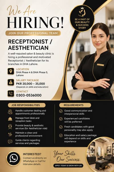 Female Receptionist Aesthetician Required | Female Staff | Job Lahore