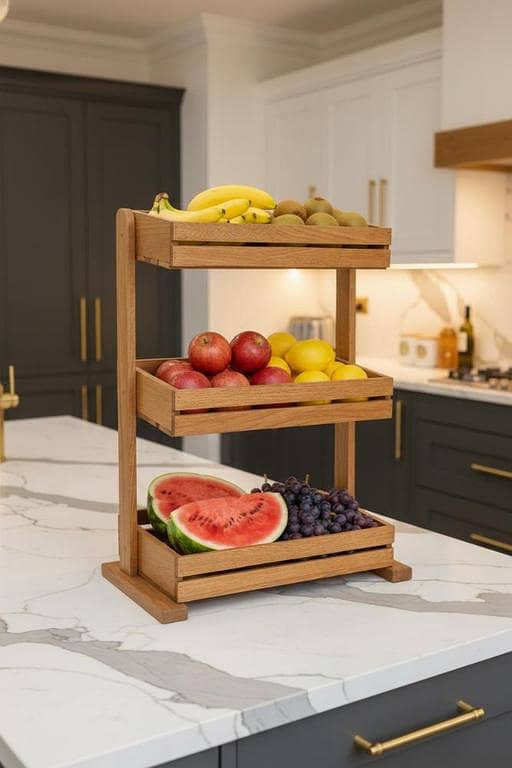 3-tier wooden fruit rack , crafted to beautifully organize and display fresh fruits at every level.