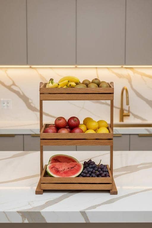 A beautifully 3-tier wooden fruit stand designed to keep your fruits organized, fresh, and on display. Perfect for kitchen counters, café bars, or dining spaces