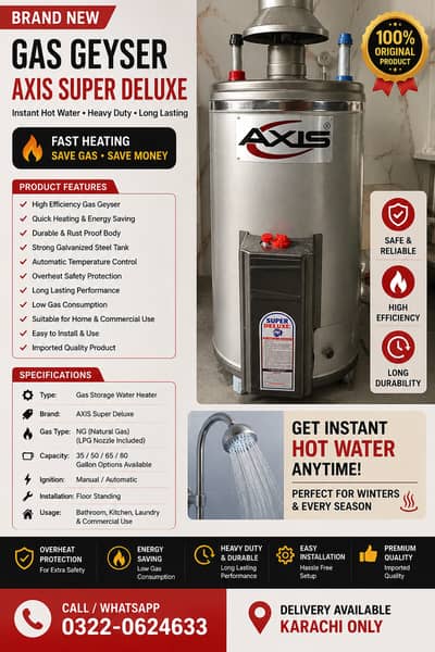 AXIS Super Deluxe Gas Geyser | Heavy Duty Water Heater | Instant Hot