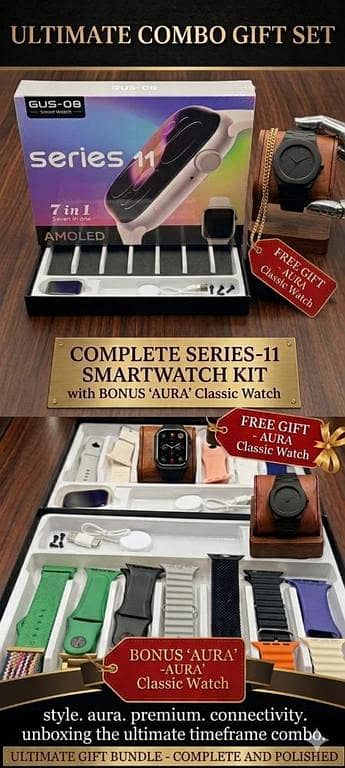 FREE Arabic Aura Watch Included | Series 11 Ultra Smart Watch Collection ⌚ Premium Luxury Smartwatch Combo with 11 Stylish Straps Bluetooth Calling, Fitness Tracking & Ultra HD Display  Wireless Charger + Luxury Gift Box Packing Included