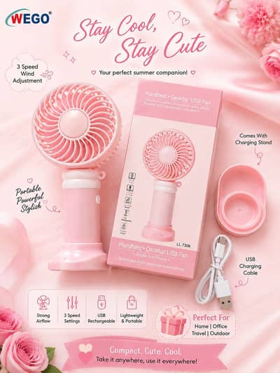Original WEGO Mini USB Rechargeable Fan | Portable 3 Speed Cooling Fan