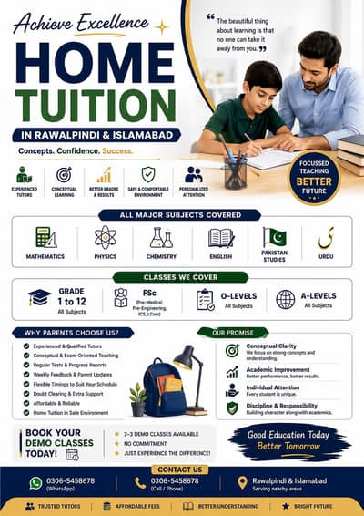 Home Tution (Rawalpindi & Islamabad) and Online across Pakistan
