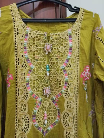 Aneelas 3 pc mehendi colored lawn stitched dress