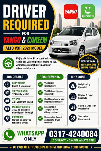 Driver Required for Yango & Careem -Alto VXR 2021