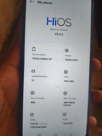Tecno camon 18t with box 4.128 gb