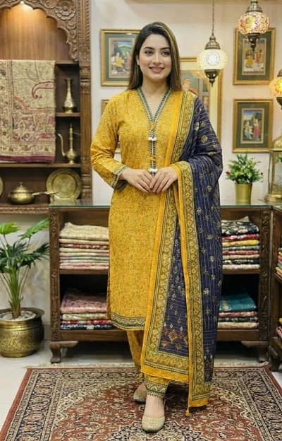 Women's yellow printed lawn suit with blue dupatta