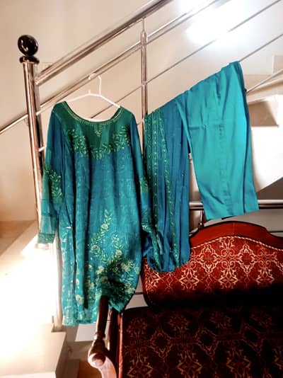3 peice sea green embroidered dress