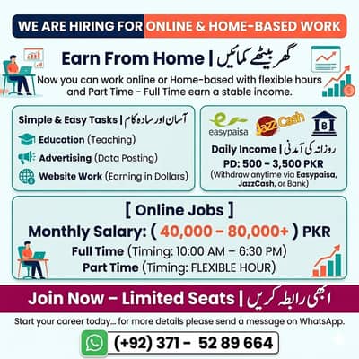 Full Time jobs/ Part Time Jobs / home Based job / Student / Home jobs
