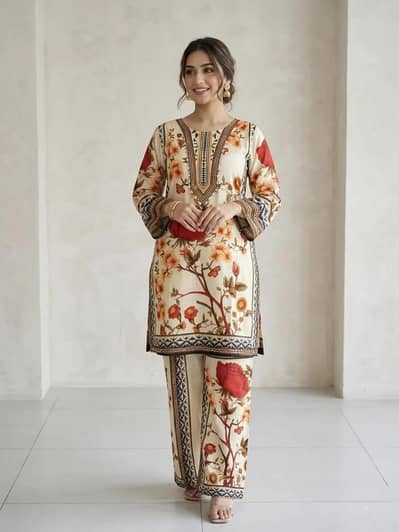 Pakistani printed kurta pajama set with embroidery details