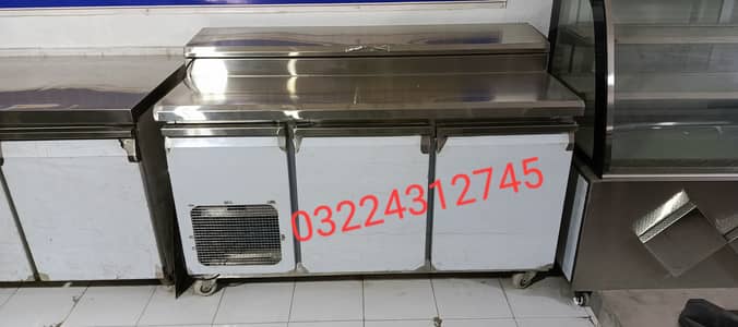 prep table, pizza oven, fryer, conveyor, working table, dough mixer