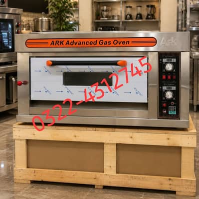 pizza oven deck, conveyor, prep table, dough mixer, fryer, counters