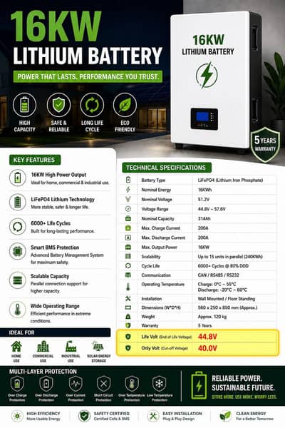 16KWh LiFePO4 Lithium Battery (51.2V / 314Ah) – 5 Years Warranty