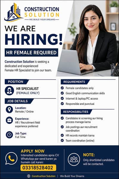We are looking for an Hr Manager Female for our US based company
