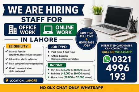 Office & Online Work Jobs Available – for  Male and female