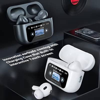 Black A9 pro ANC Bluetooth 5.4 wireless earbuds with smart screen and