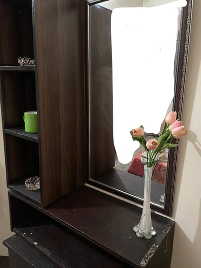 Dark Brown Wooden Dressing Table with Mirror, Storage Shelves.