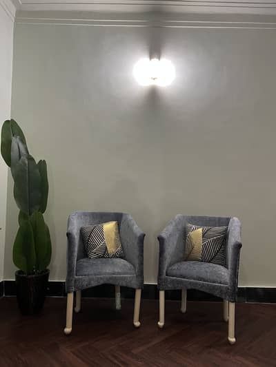 Pair of Modern Velvet Tub Chairs — Charcoal Greyish Blue