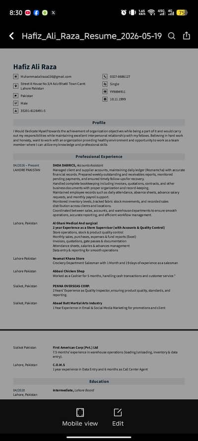 am looking for a job in Accounts / Admin / Accountant field.
