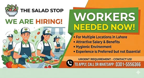 Salad Bar Attendants / Workers  required in lahore, jobs in lahore