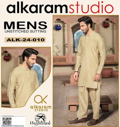 alkaram men unstitched  suit mustard wash  wear