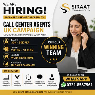 Experienced/Fresh Call Center Agents Required – UK Campaign | Work Fro
