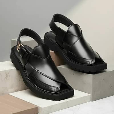 Men's Black PU Leather Peshawari chapal