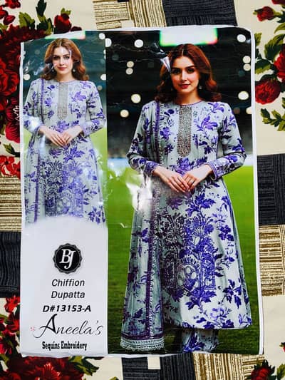 3pc premium lawn sequins embroidery shirt | Trouser with lawn dupatta