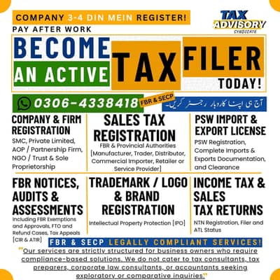 Tax Returns / Filer. Company Registration. All FBR & SECP Services.
