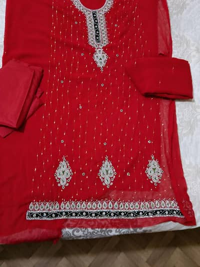Sale Red Color Unstitched Georgette Heavy Embroidered Suit Karachi