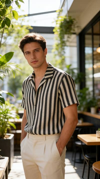 ​Men's Beige & Black Zigzag Textured Cuban Collar Shirt