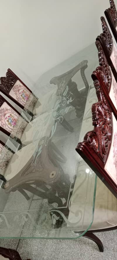 Pure chinioti wood 8 seater dining table with print glass top table