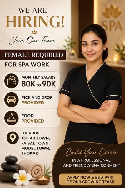 Female Need for Spa Lahore (Spa job)