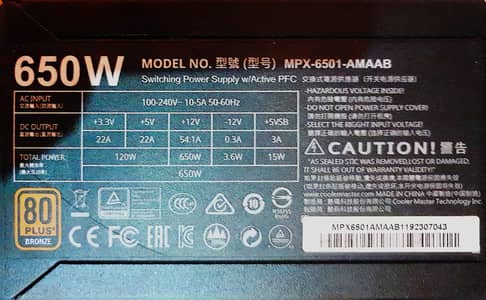 Cooler Master 650 Watt 80 Plus Bronze Certified ATX PSU