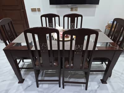Solid Wood Diyar Dining Table with upper glass + 6 chairs