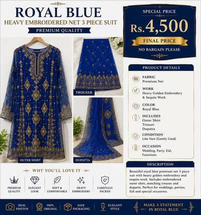 Royal Blue Heavy Embroidered Premium Net 3 piece suit