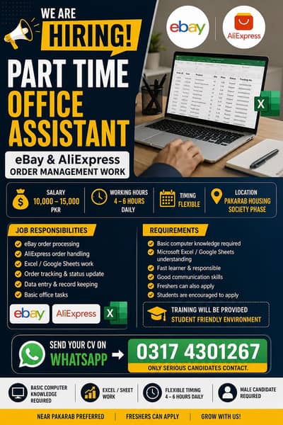 Part Time Office Assistant Required E-COMMERCE  eBay AliExpress Google