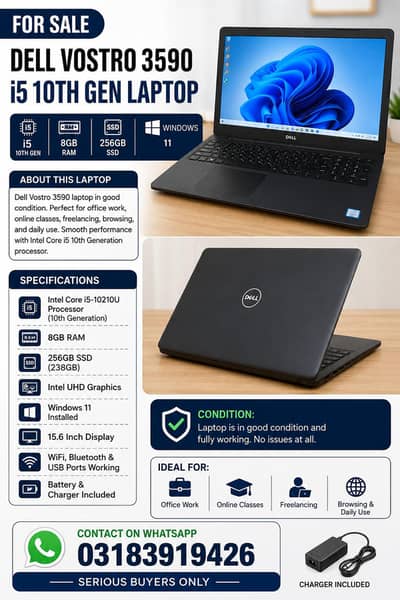 Dell Vostro 3590 i5 10th Gen Laptop – 8GB RAM – 256GB SSD – Windows 11