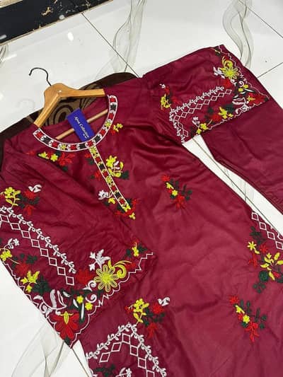 Fancy Maroon Embroidered 2Pc Kurta Trouser Set for Eid