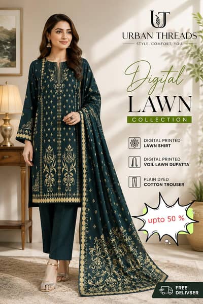 3 piece lawn with voil lawn dubata ( Free delivery)