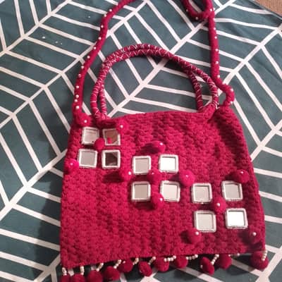 handmade maroon mirror work selling bag