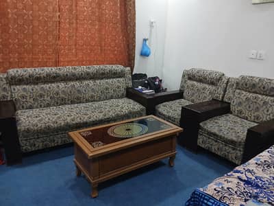 5-Seater Sofa Set (3+1+1) with 1 Glass-Top Center Table & 2 Side Desks