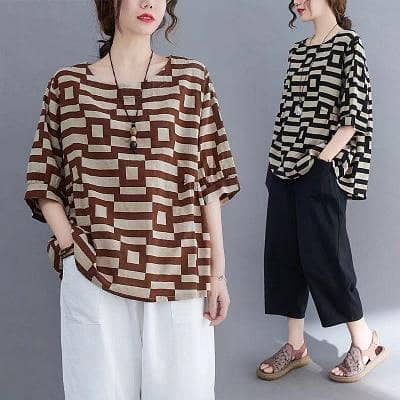 plus size women t-shirt  black plaid summer sli m fit