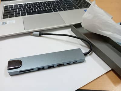 A slim 7 in 1 USB-C multiport hub/docking station in grey aluminium